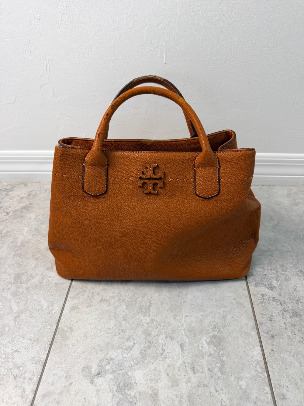 Tory Burch McGraw Triple Compartment Satchel Brown Pebbled Leather Tote Handbag